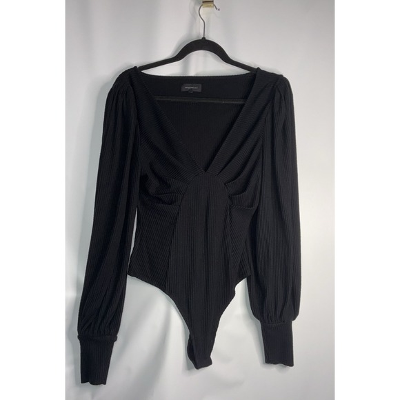 MAJORELLE Tops - Majorelle Revolve Women's Medium Black Ribbed Long Puff Sleeve Bodysuit V Neck